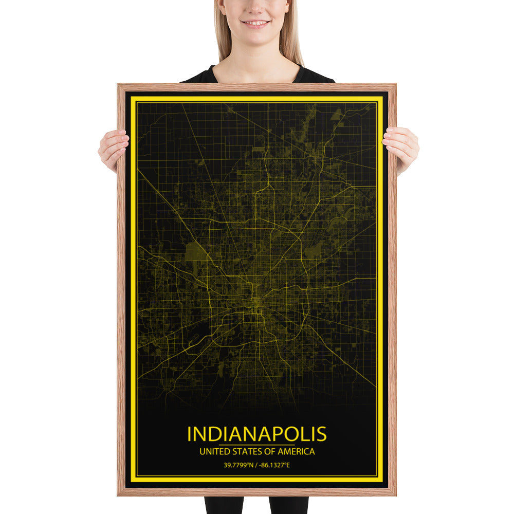 Indianapolis Black and Yellow Framed Map