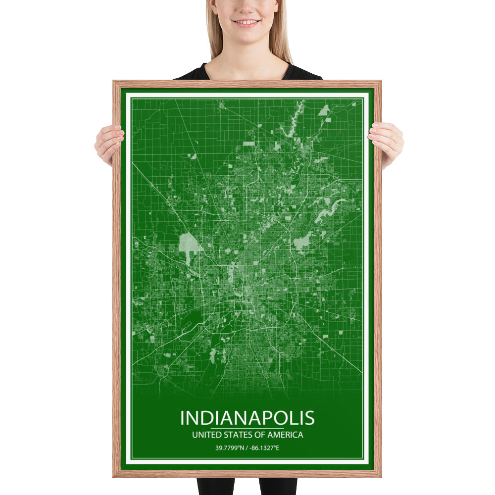 Indianapolis Green and White Framed Map