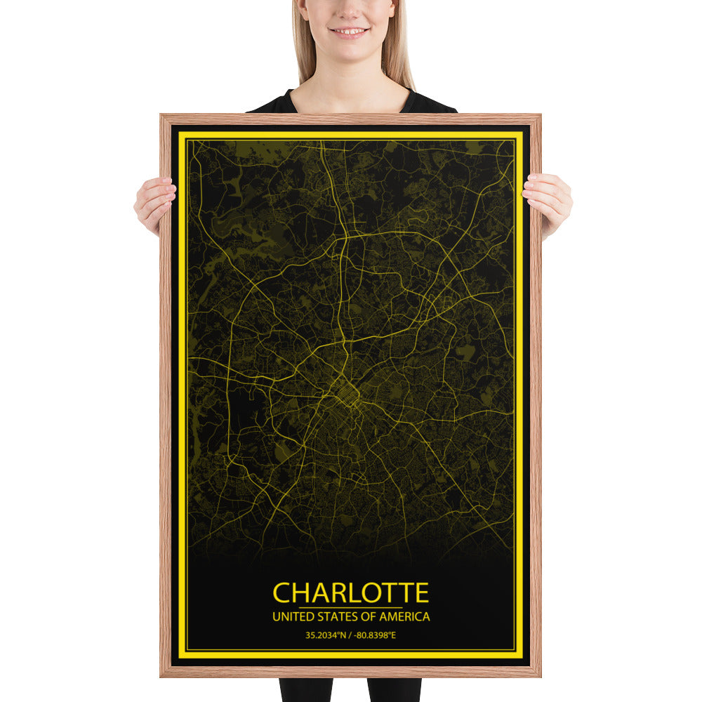 Charlotte Black and Yellow Framed Map