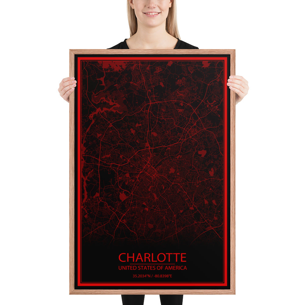 Charlotte Black and Red Framed Map