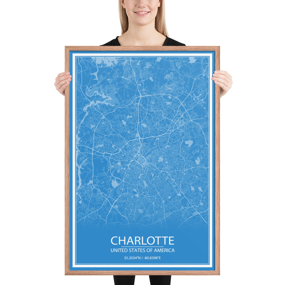 Charlotte Blue and White Framed Map