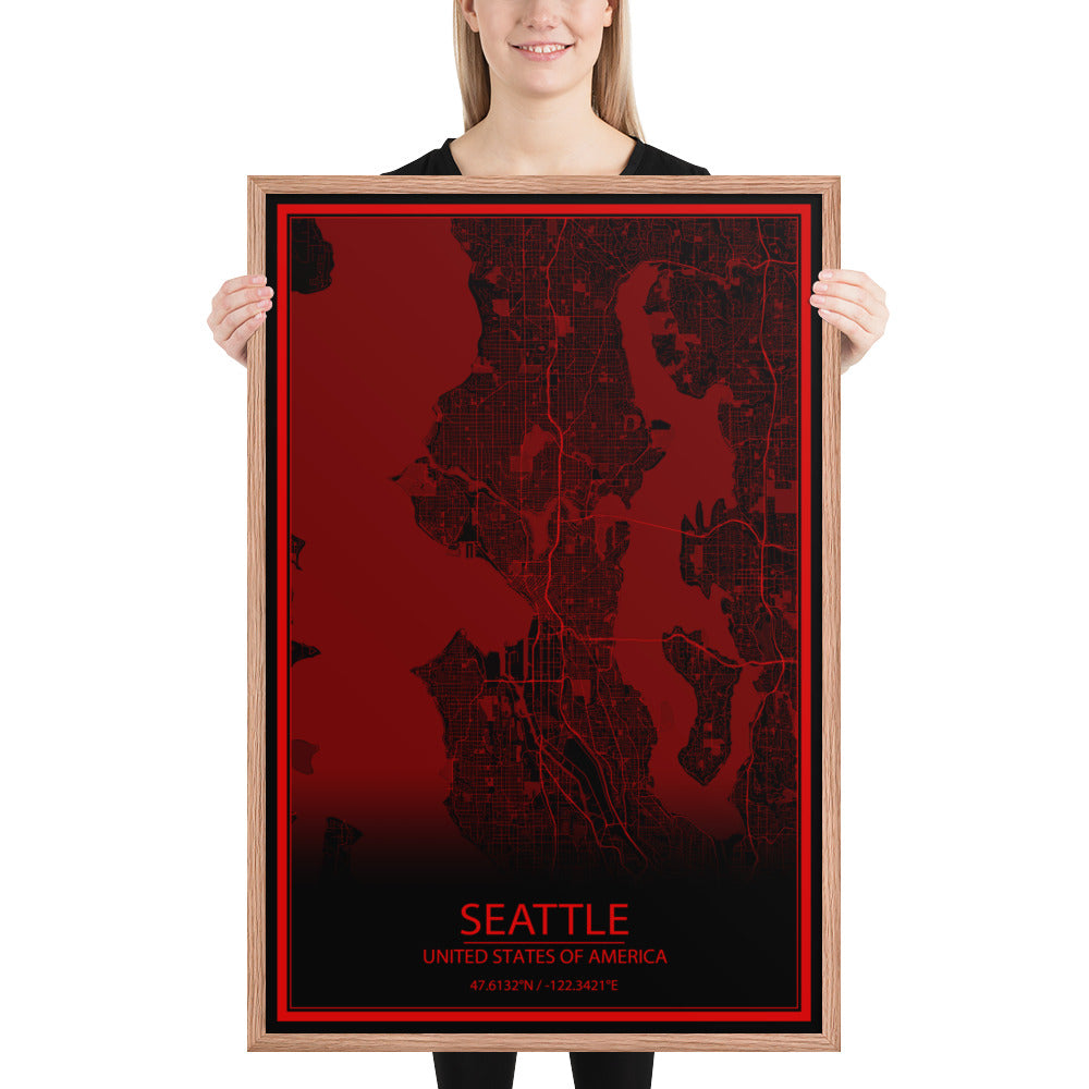 Seattle Black and Red Framed Map