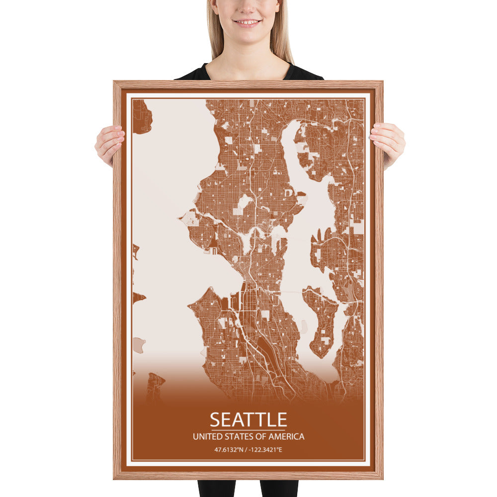 Seattle Brown and White Framed Map