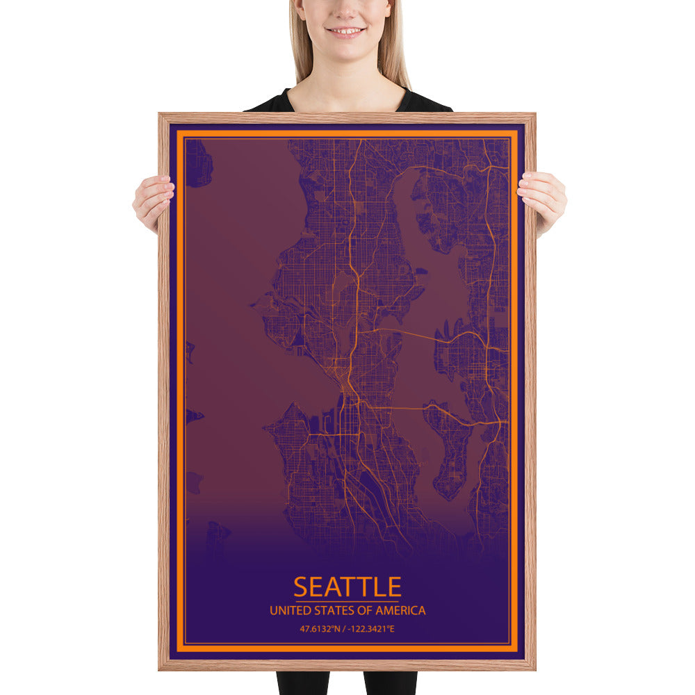 Seattle Purple and Orange Framed Map