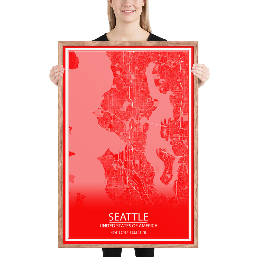 Seattle Red and White Framed Map