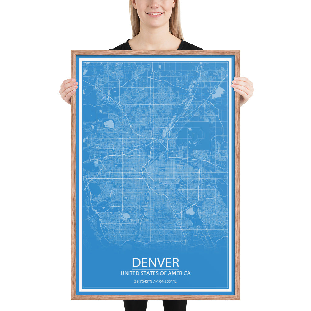 Denver Blue and White Framed Map