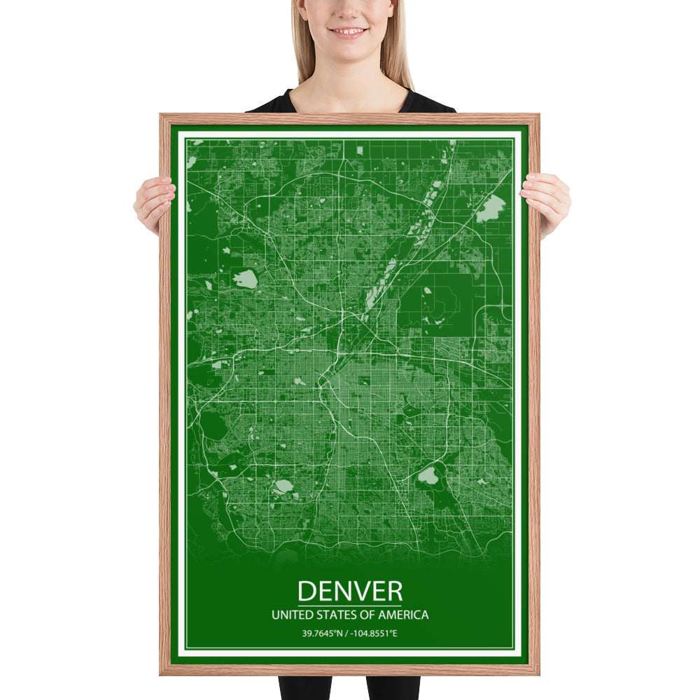 Denver Green and White Framed Map