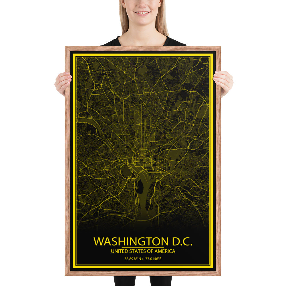 Washington, D.C. Black and Yellow Framed Map