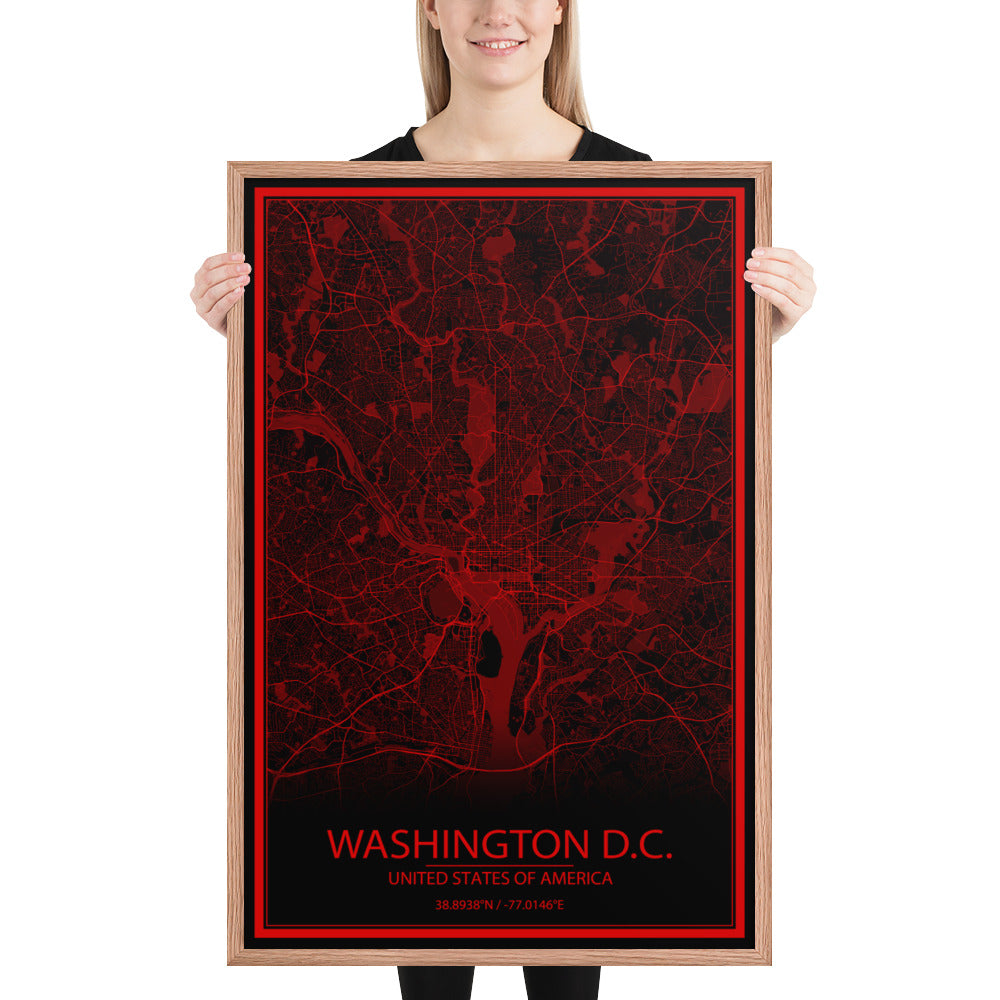 Washington, D.C. Black and Red Framed Map