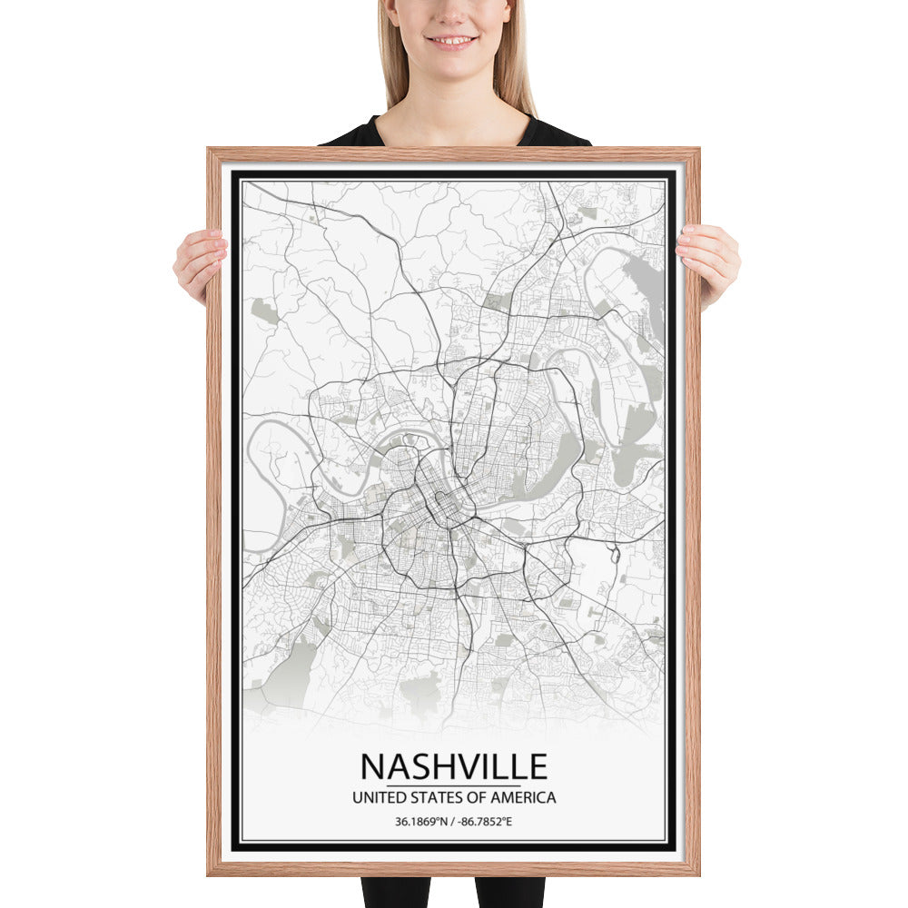 Nashville White Framed Map