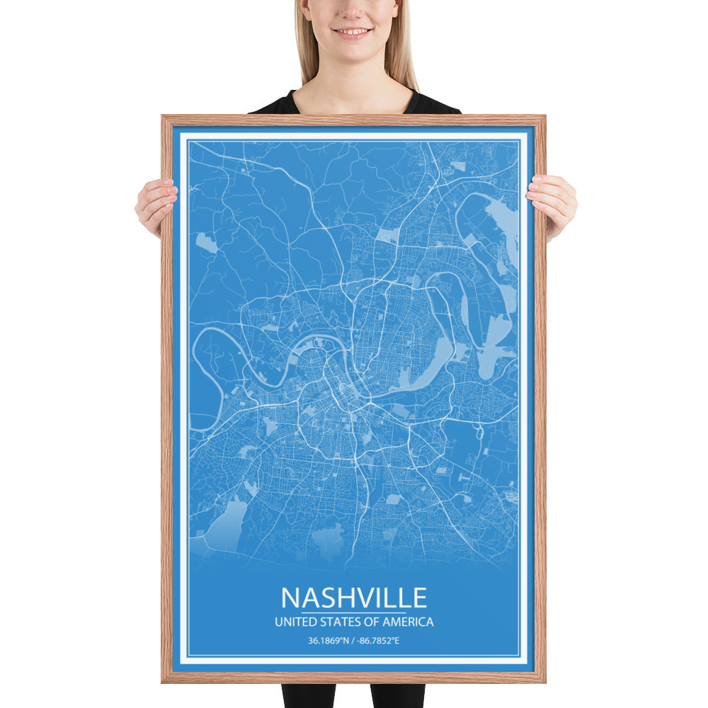 Nashville Blue and White Framed Map