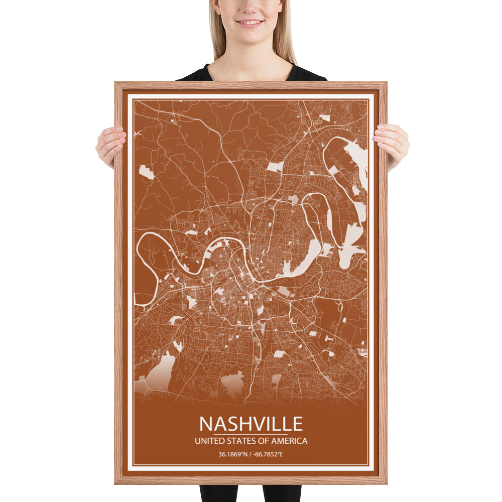 Nashville Brown and White Framed Map