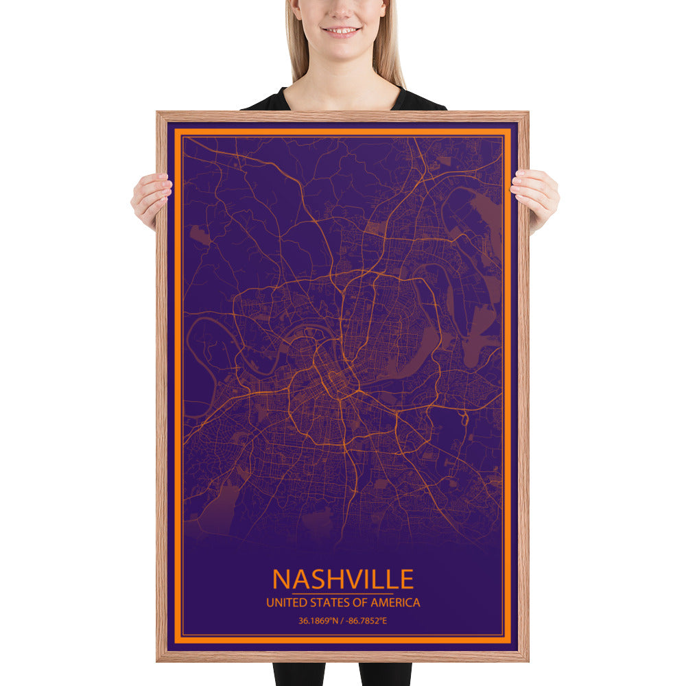 Nashville Purple and Orange Framed Map