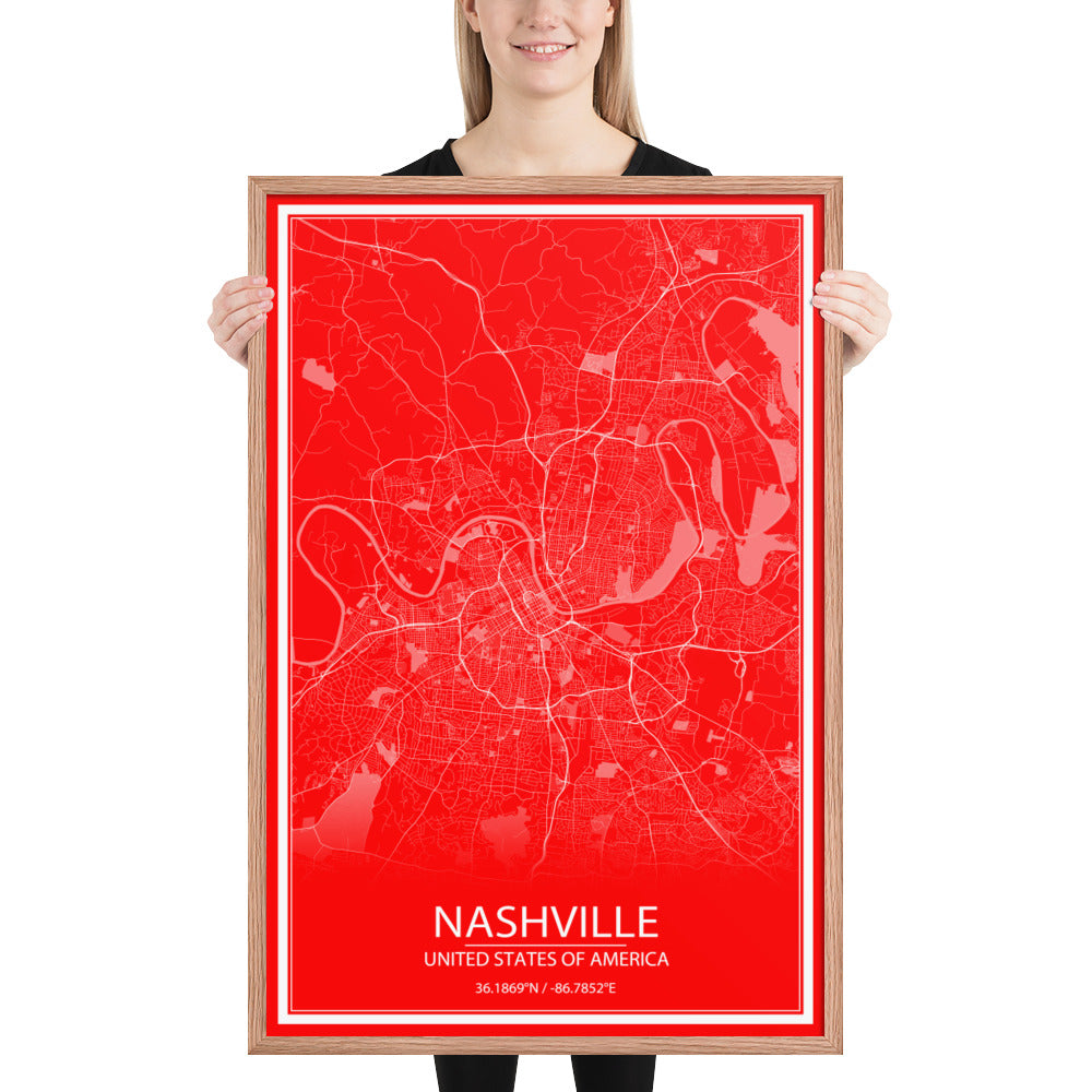 Nashville Red and White Framed Map