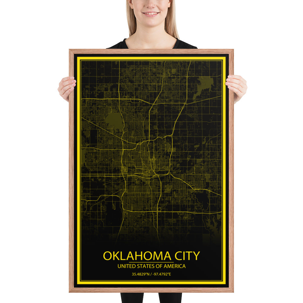 Oklahoma City Black and Yellow Framed Map