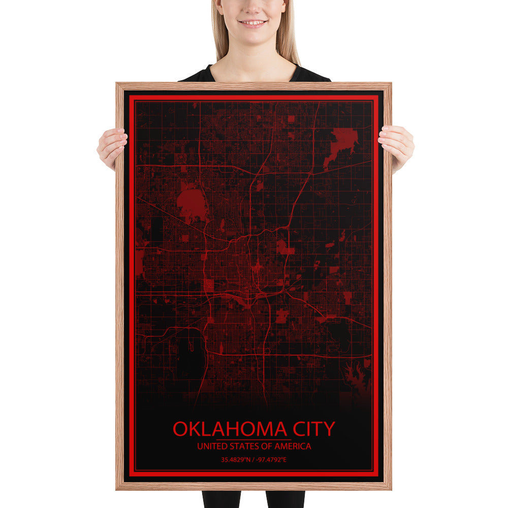 Oklahoma City Black and Red Framed Map