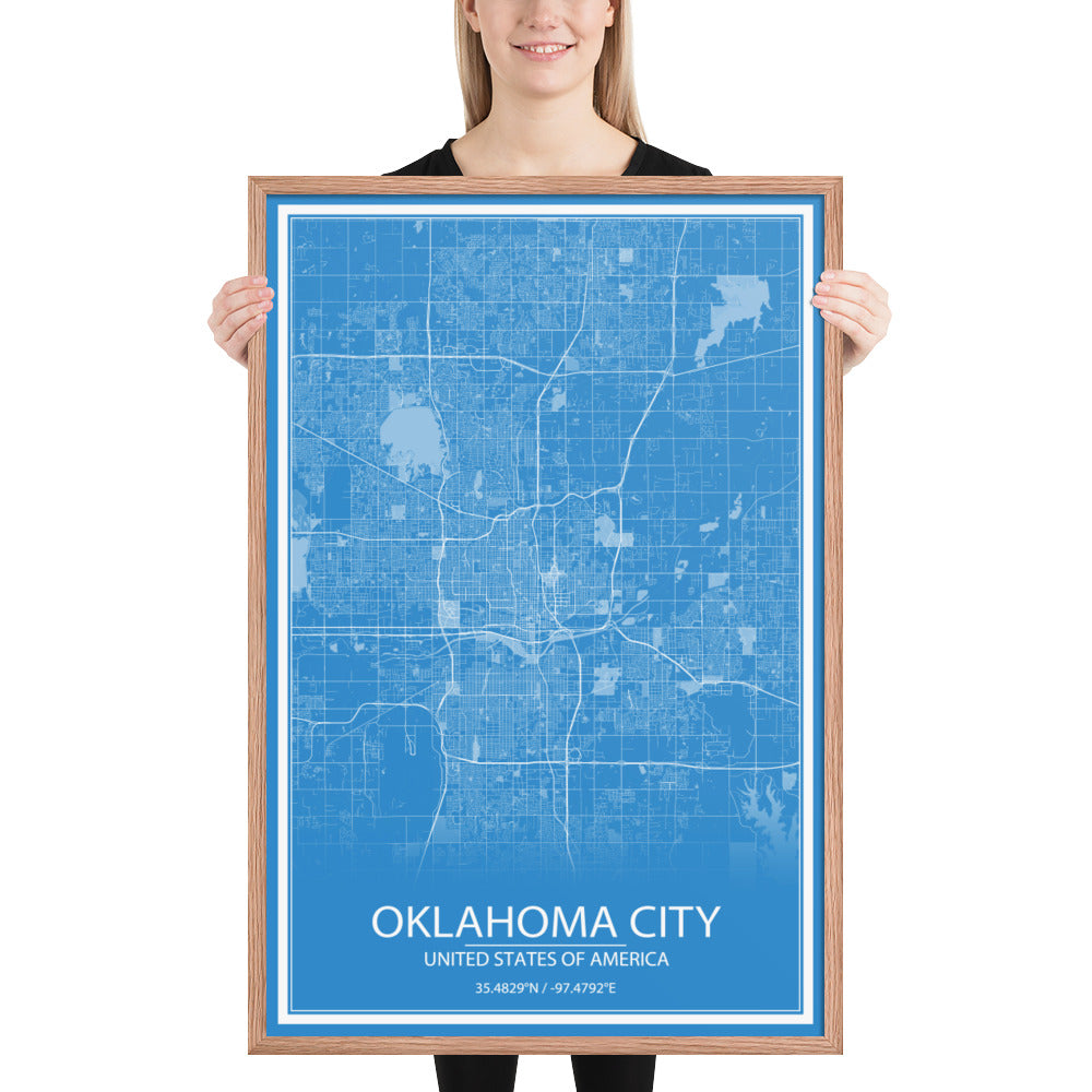 Oklahoma City Blue and White Framed Map