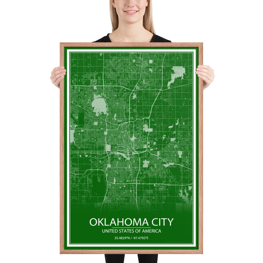 Oklahoma City Green and White Framed Map