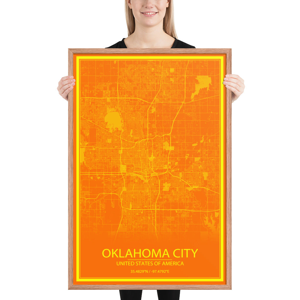 Oklahoma City Orange and Yellow Framed Map