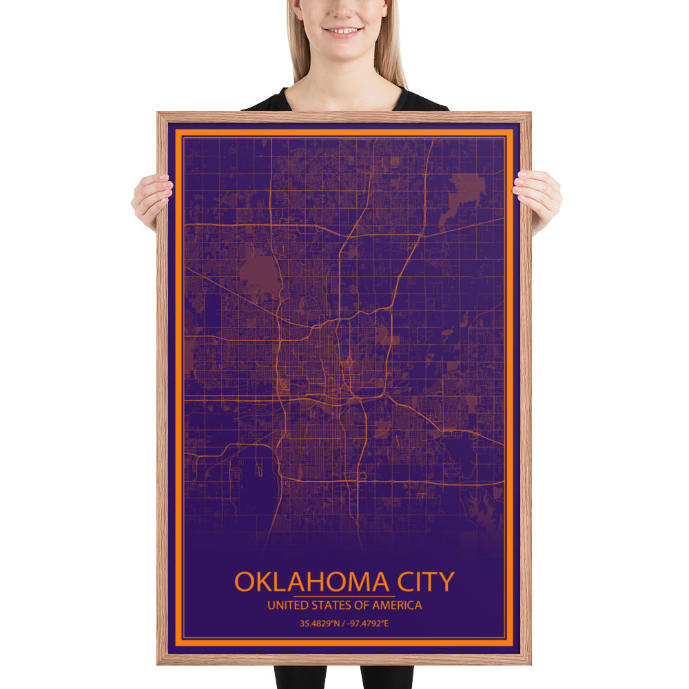 Oklahoma City Purple and Orange Framed Map