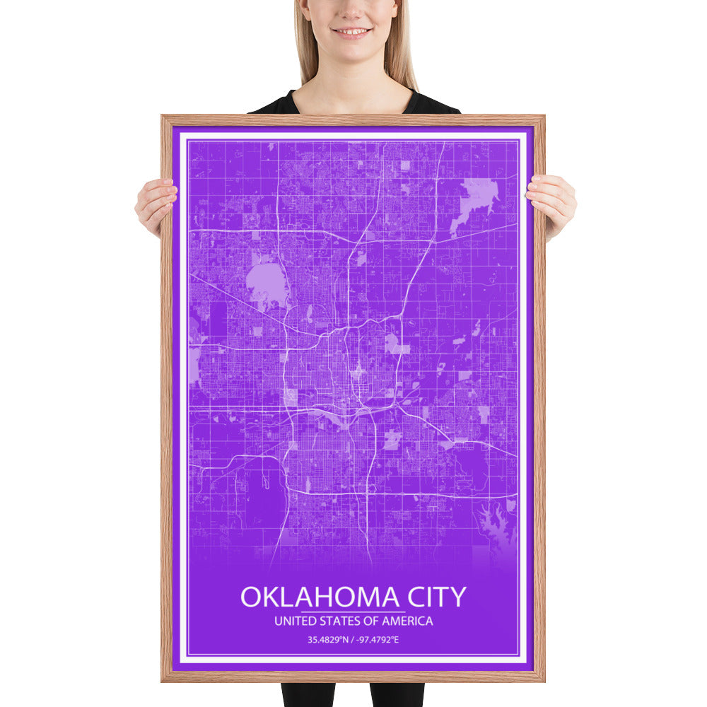 Oklahoma City Purple and White Framed Map