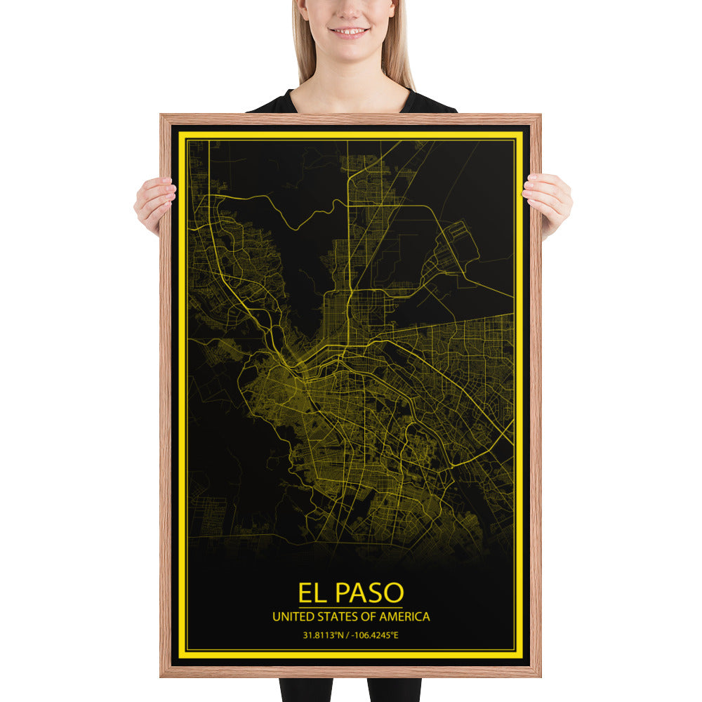 El Paso Black and Yellow Framed Map