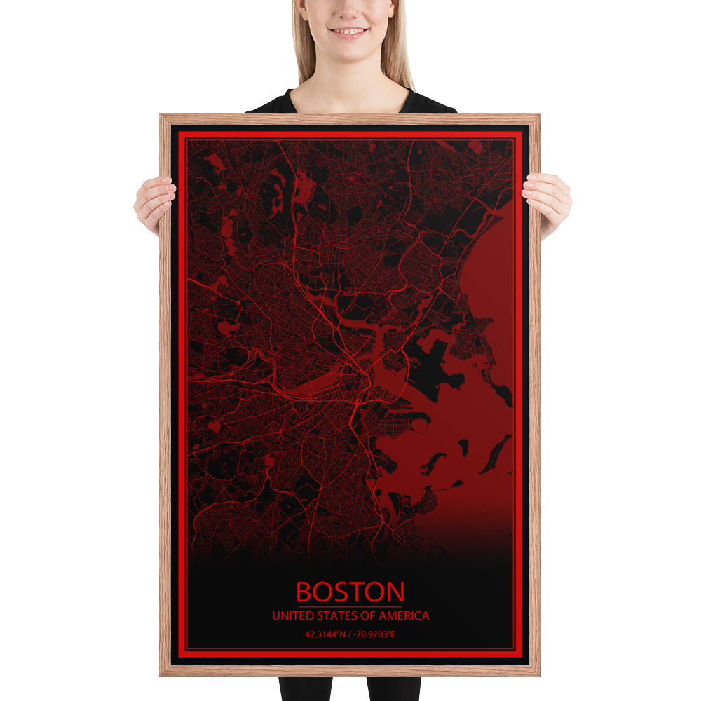 Boston Black and Red Framed Map