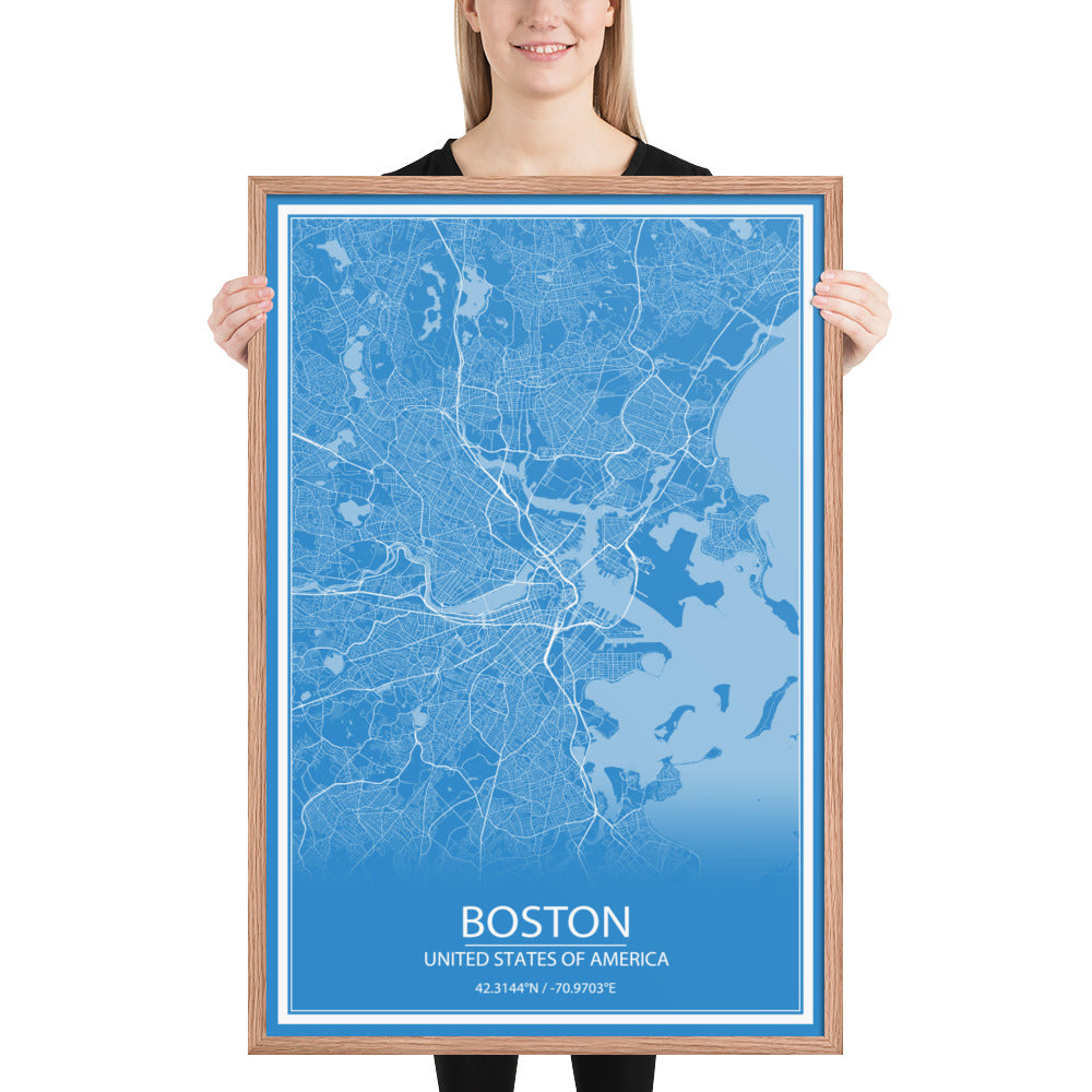 Boston Blue and White Framed Map