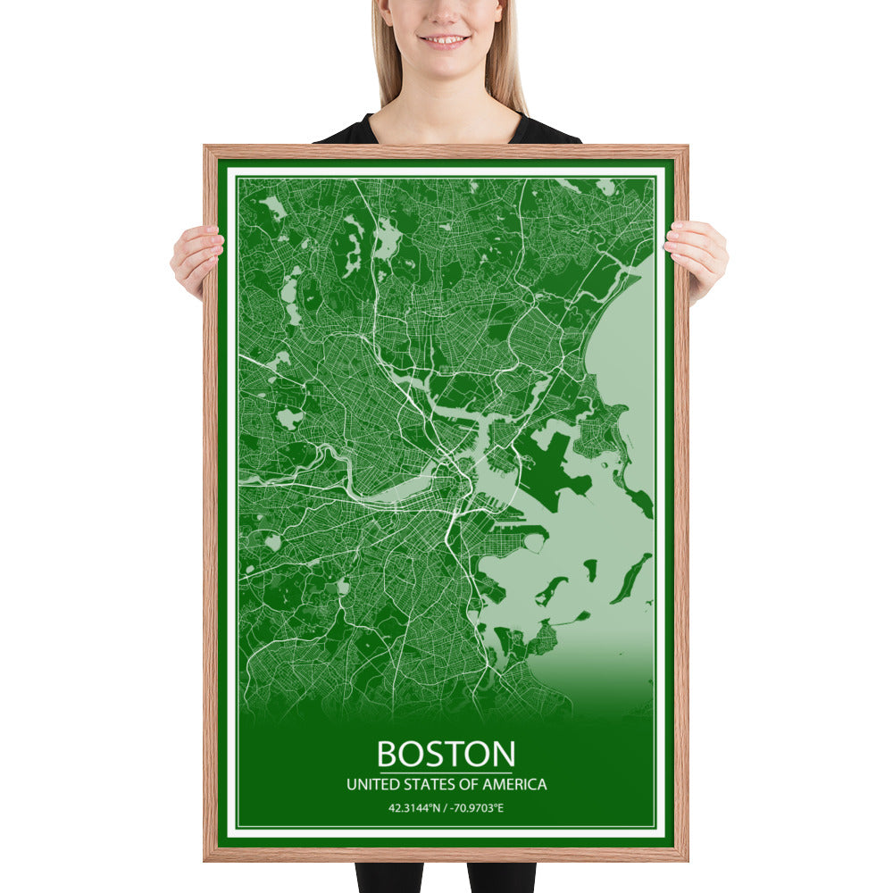 Boston Green and White Framed Map