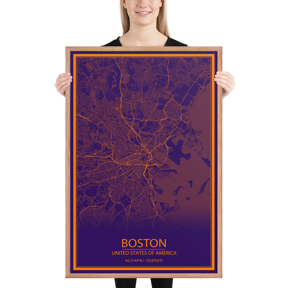 Boston Purple and Orange Framed Map