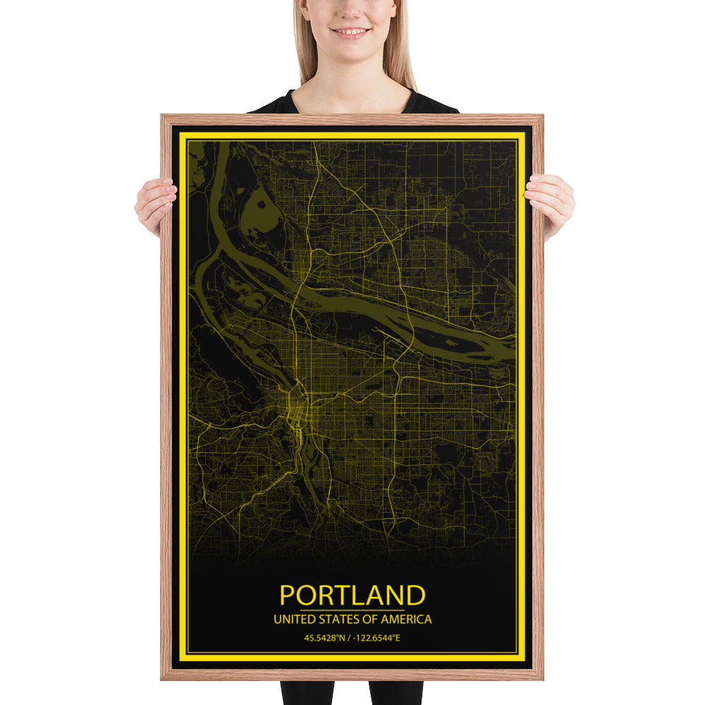 Portland Black and Yellow Framed Map