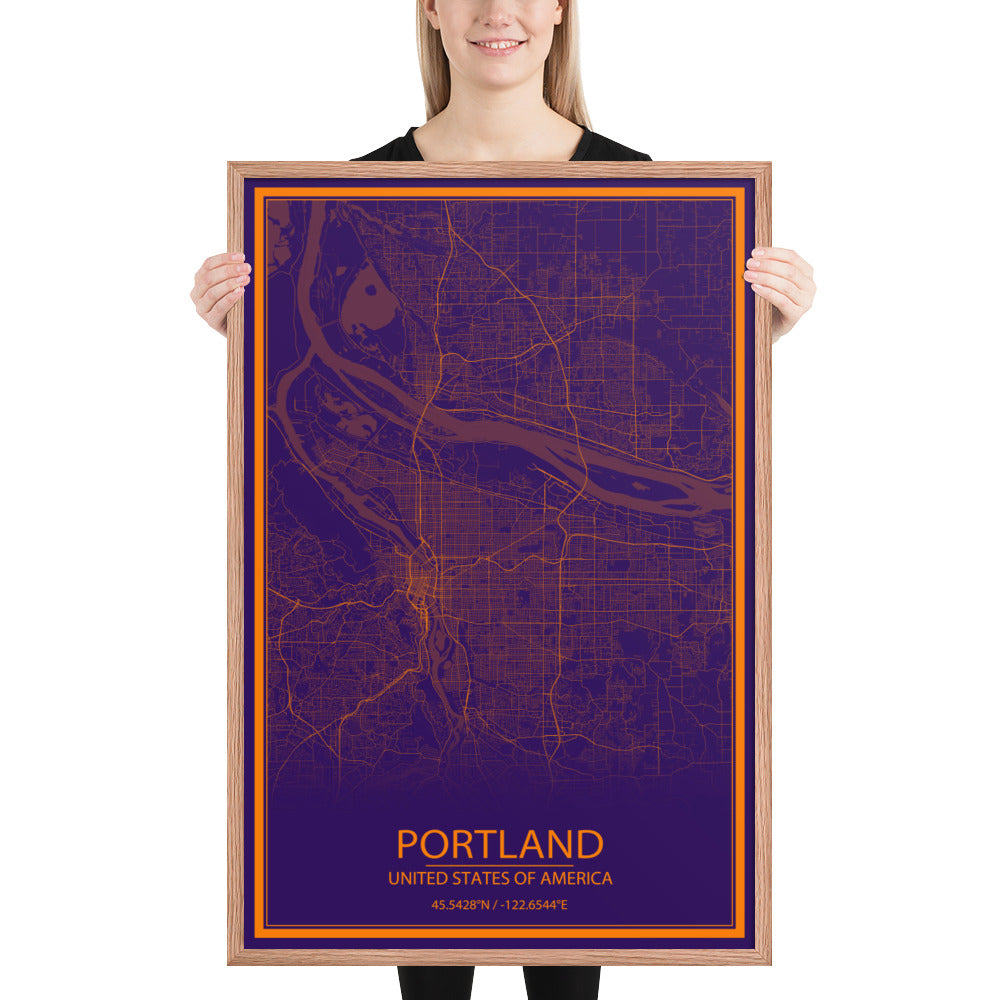 Portland Purple and Orange Framed Map