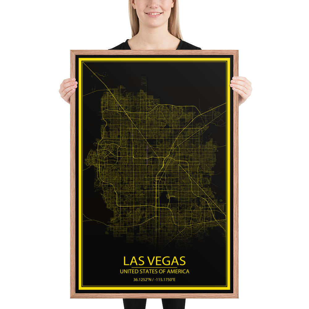 Las Vegas Black and Yellow Framed Map