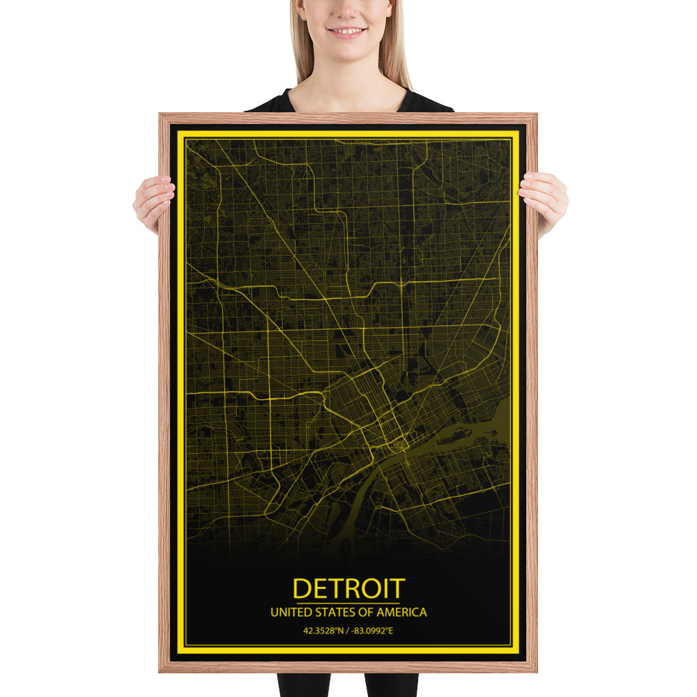 Detroit Black and Yellow Framed Map