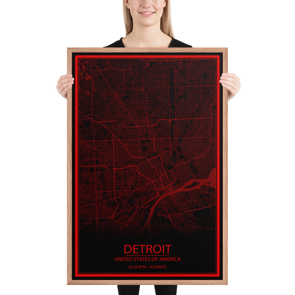 Detroit Black and Red Framed Map