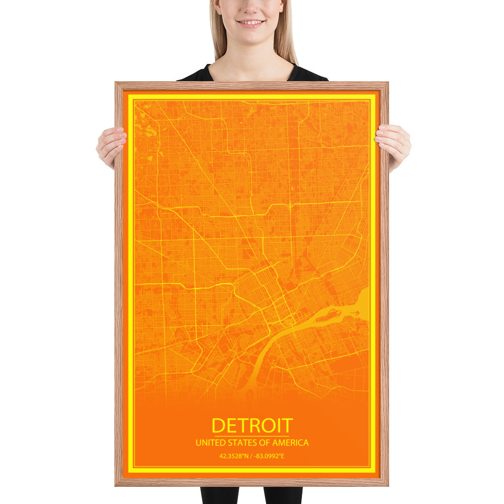 Detroit Orange and Yellow Framed Map