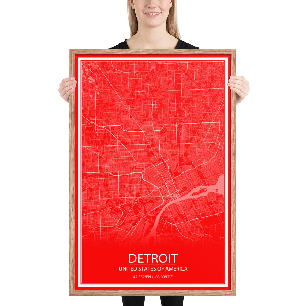 Detroit Red and White Framed Map