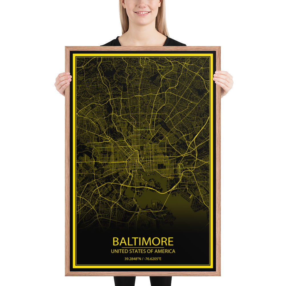 Baltimore Black and Yellow Framed Map