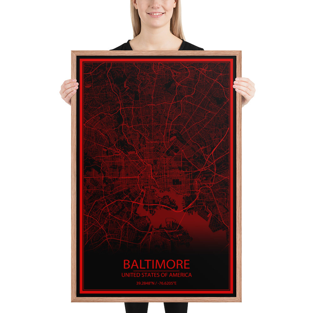 Baltimore Black and Red Framed Map