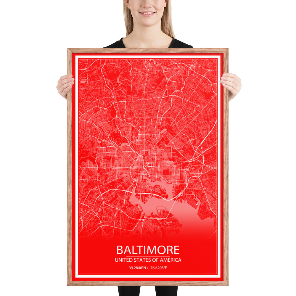 Baltimore Red and White Framed Map