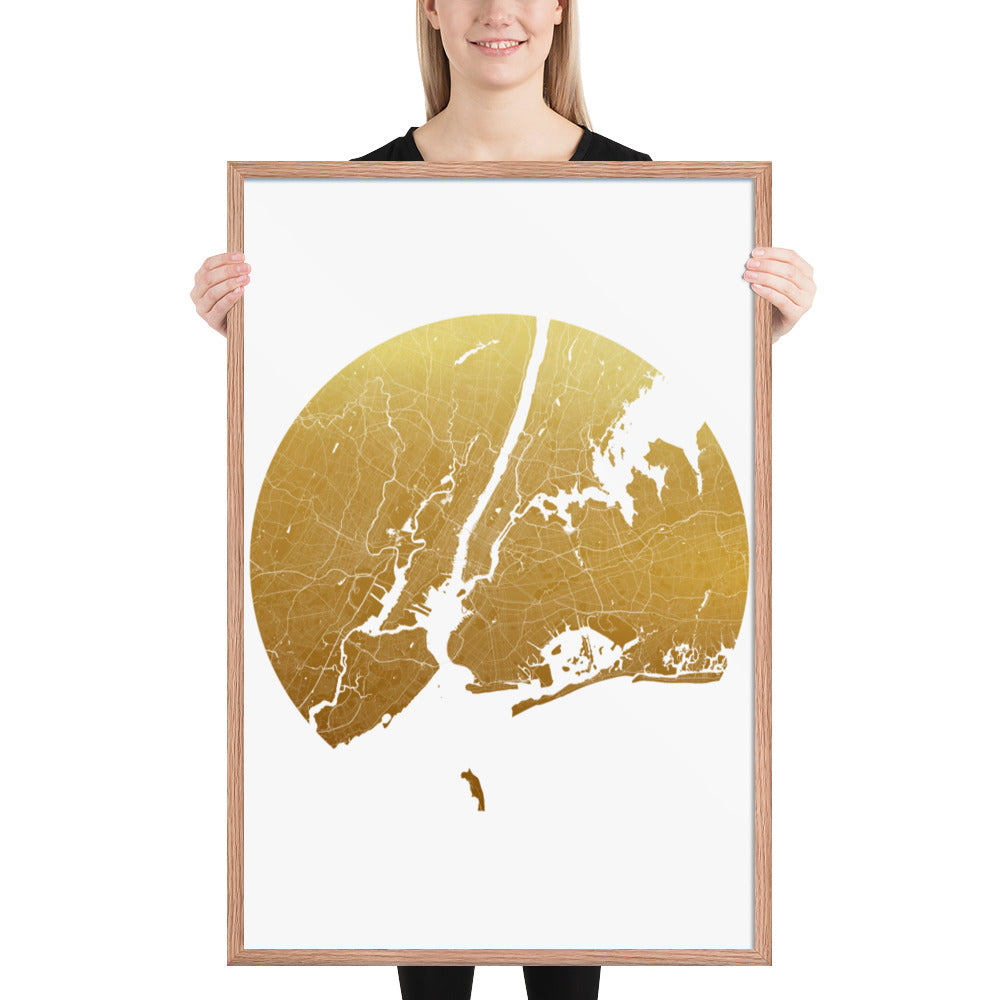 New York Gold on White Framed Map