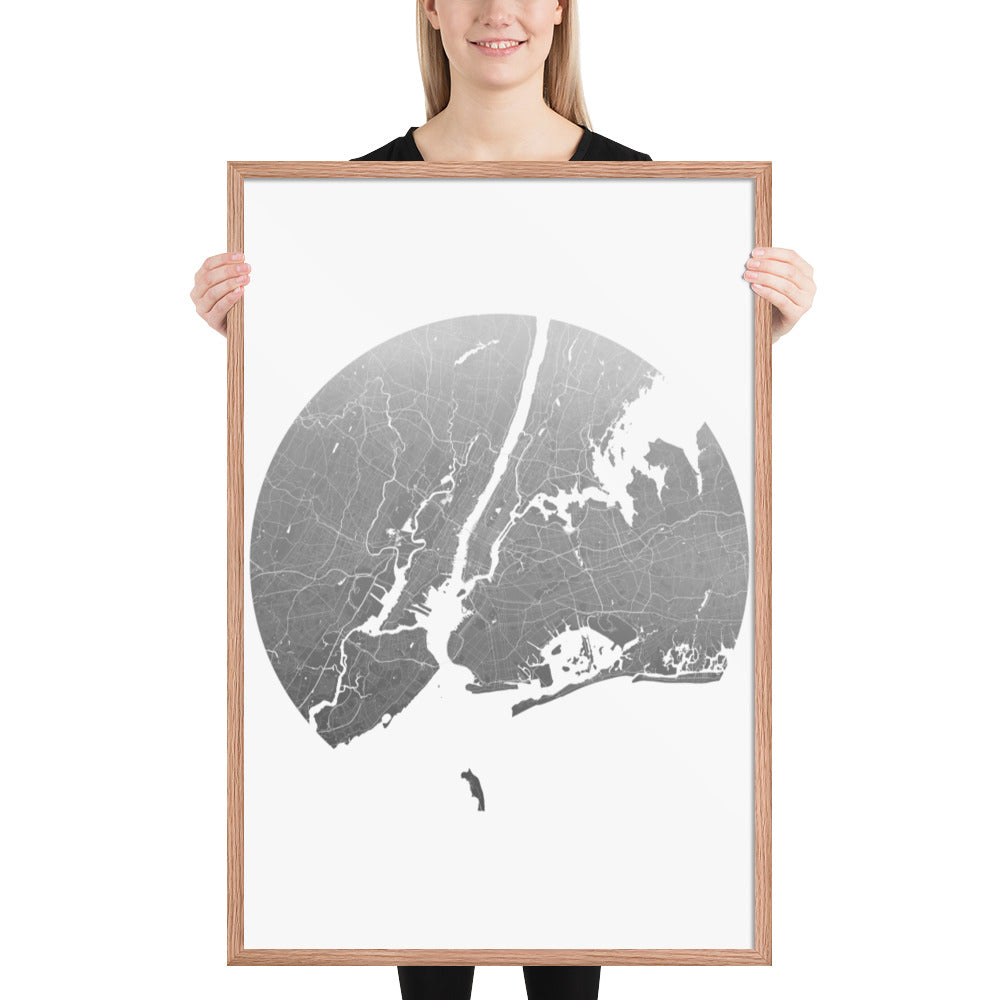 New York Silver on White Framed Map