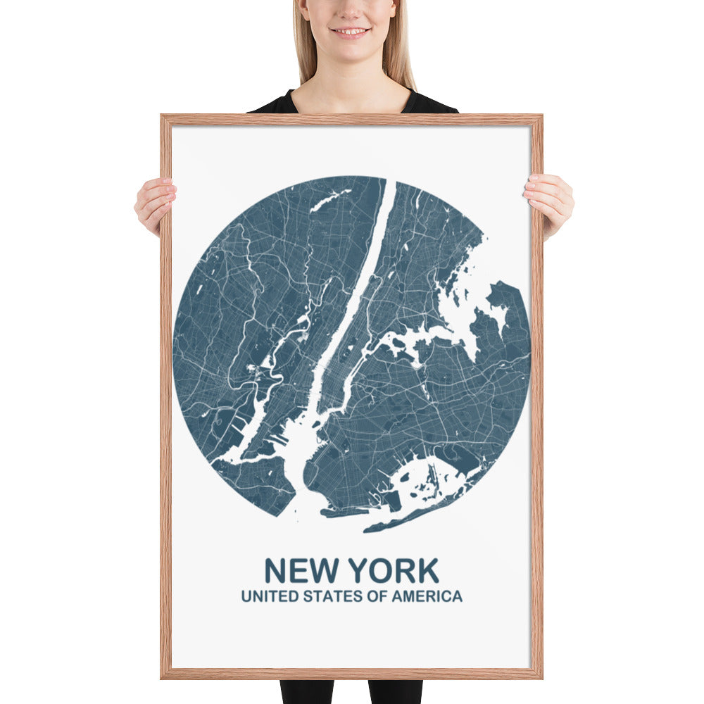 New York Circular Blue Framed Map