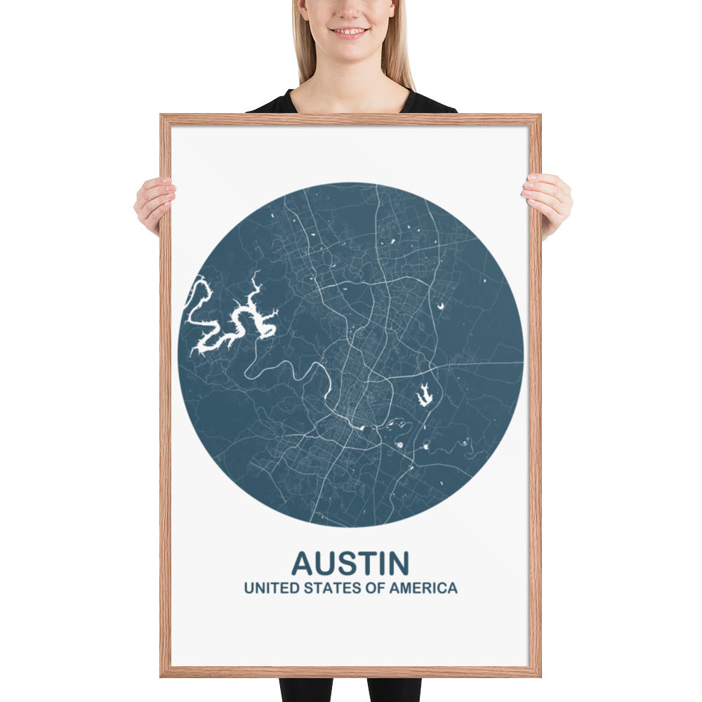 Austin Circular Blue Framed Map