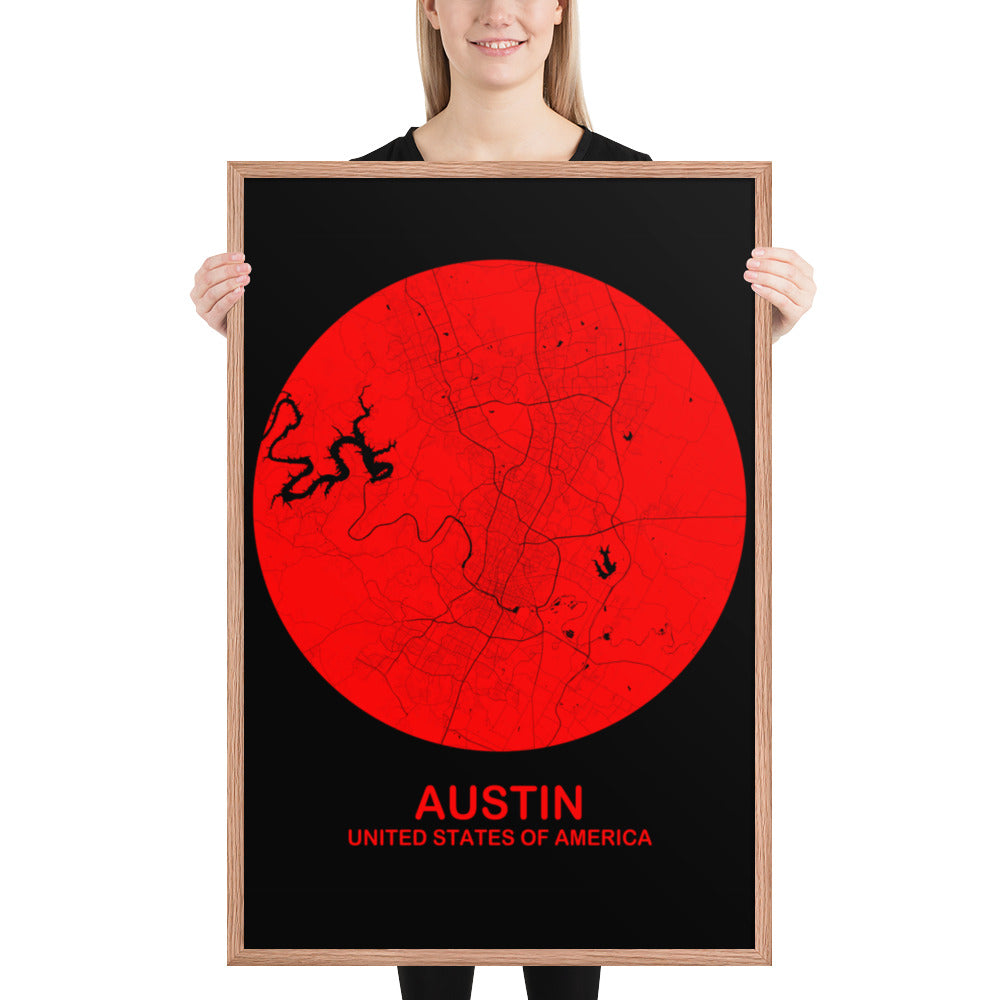 Austin Circular Red Framed Map