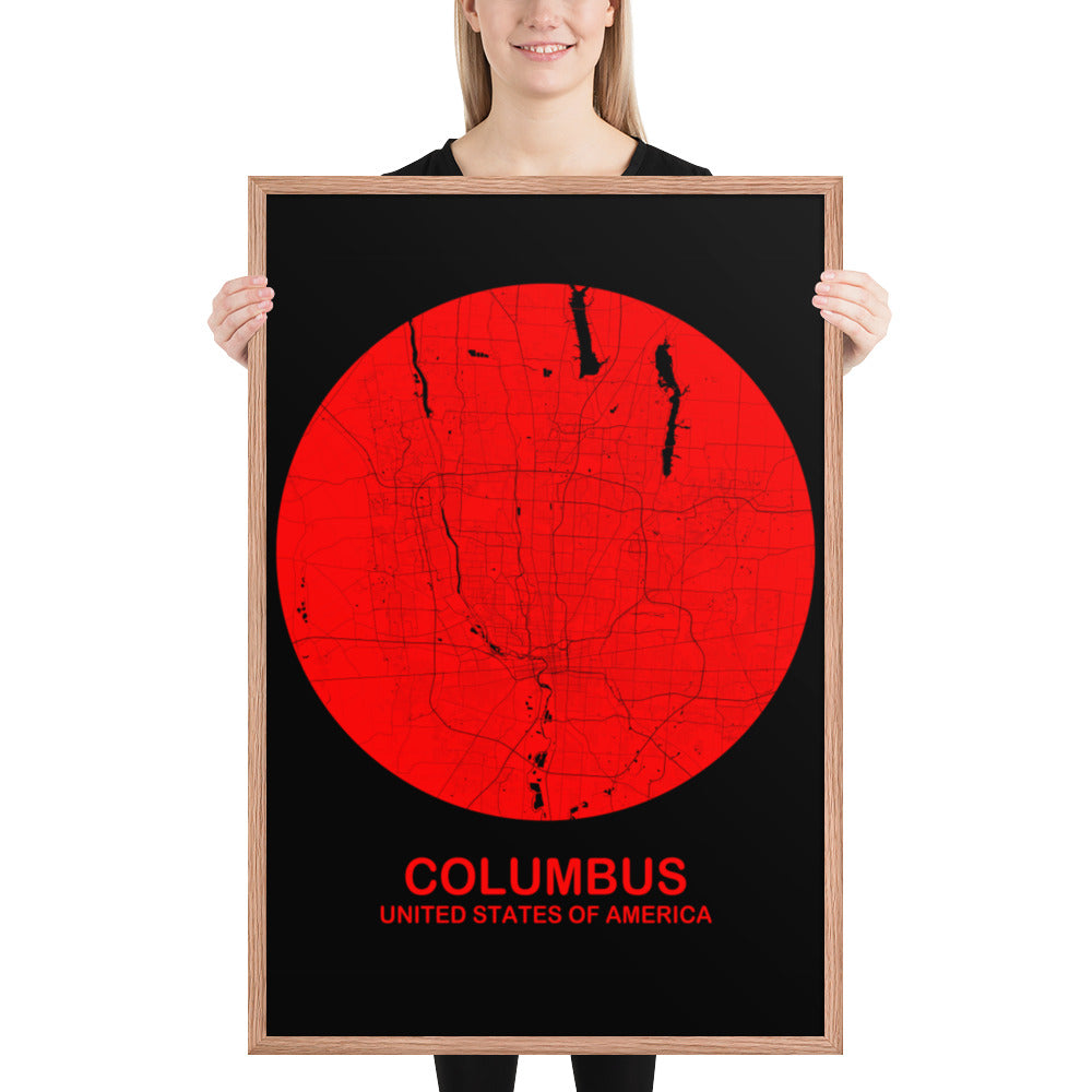 Columbus Circular Red Framed Map