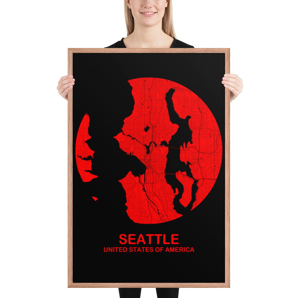 Seattle Circular Red Framed Map