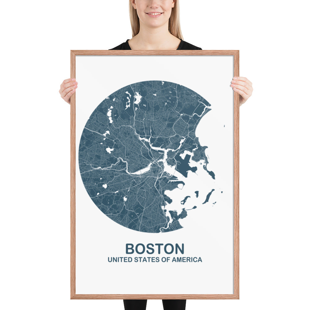 Boston Circular Blue Framed Map