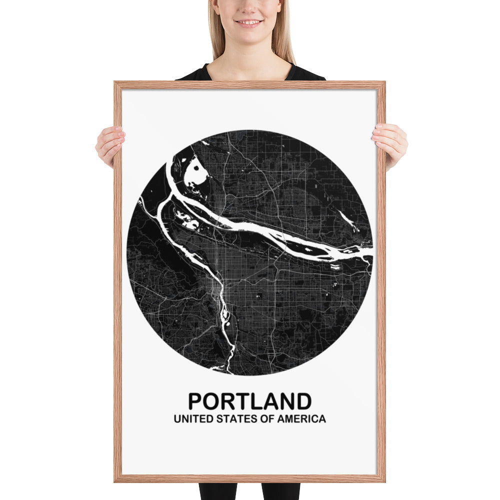 Portland Circular Black Framed Map