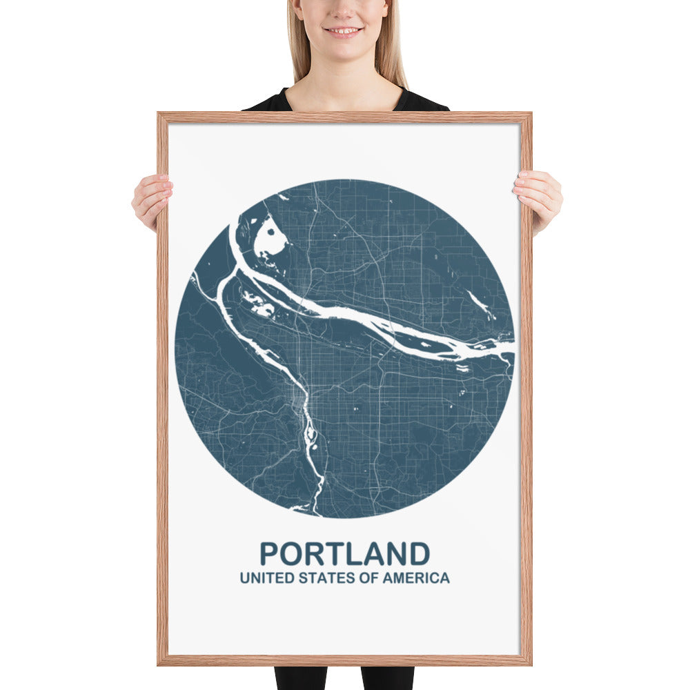 Portland Circular Blue Framed Map